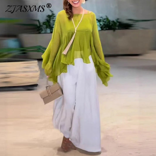 Simple Fashion Solid 2 Pieces Set Woman Elegant Crew Neck Ruffle Blouse Shirts & Wide Leg Pants Suits Long Sleeve Autumn Outfits