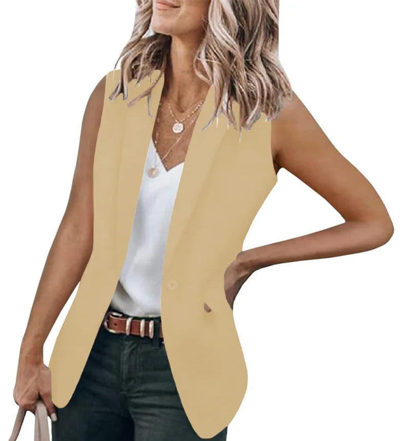 2023 Autumn New Style Sleeveless Solid Color Suit Collar Loose Cardigan Women's Wear