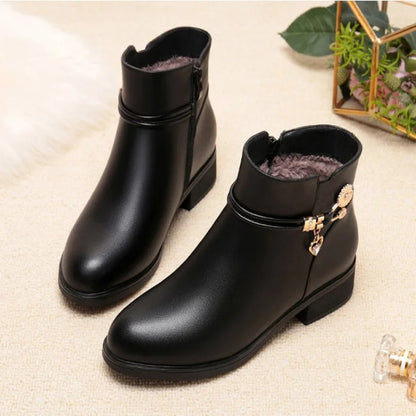 Winter Soft Leather Furry Short Boots for Women - Chunky Heel Warm Cotton Shoes, Flat Black Leather Mom Shoes