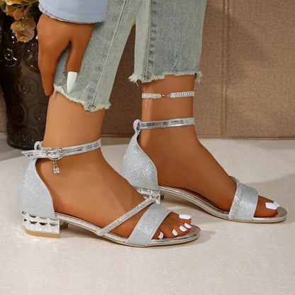 Summer Plus Size Women's Modern Cover Heel Sandals Fashion Ankle Buckle Strap Shoes Bling Crystal Low Heel Dress Sandals