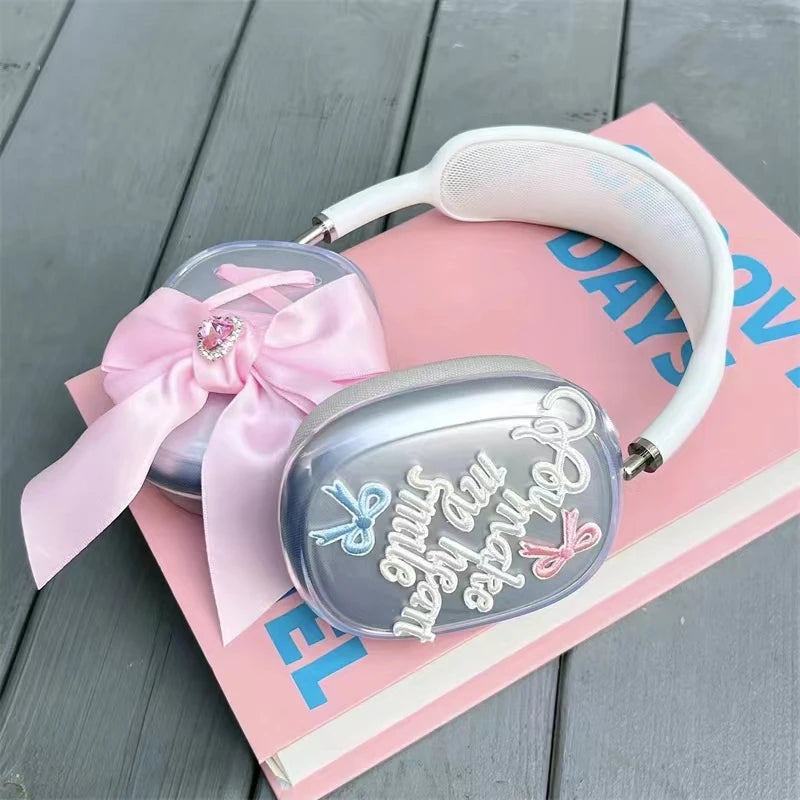 Cute Girl Pink Silk Bow Soft Headphone Earphone Case Cover Protector For Apple Airpods Max