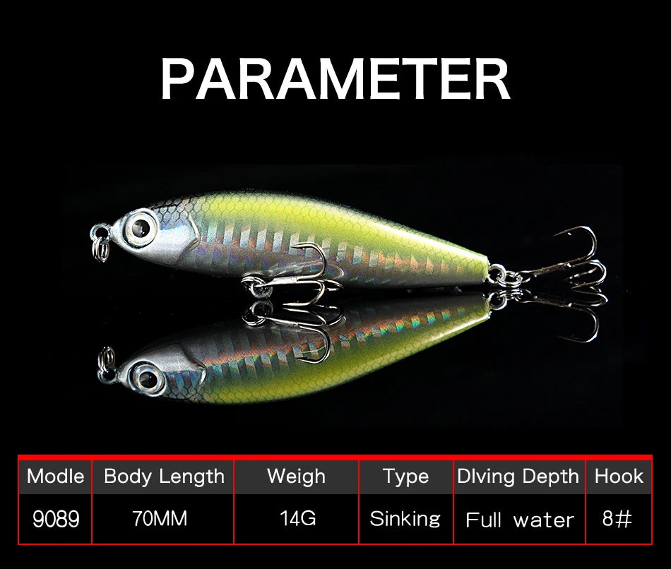 70mm 14g Pencil Fishing Lure Sinking Stickbait 3D Eyes Artificial Bait Long Casting Minnow Wobbler Bass Pike Fishing Tackle