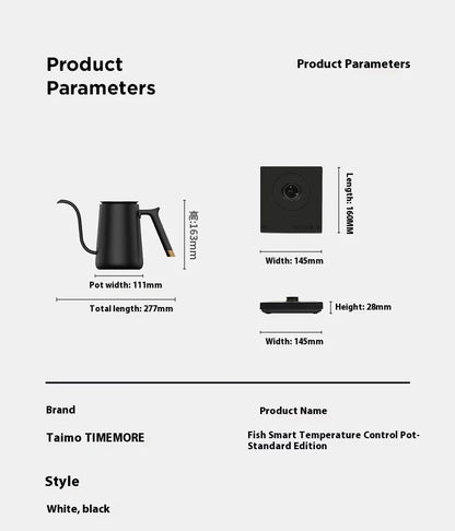 Timemore Fish Smart Electric Pour Over Kettle 600ml 220v Fine Mouth Temperature Control Customize Hand Brew Coffee Pot