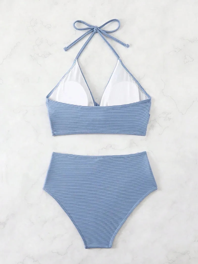 2025 New Sexy High Waist Two-piece Bikini Set Women Solid Halter Swimsuit Summer Tight Cross Push Up Backless Beach Bathing Suit