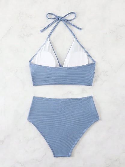 2025 New Sexy High Waist Two-piece Bikini Set Women Solid Halter Swimsuit Summer Tight Cross Push Up Backless Beach Bathing Suit