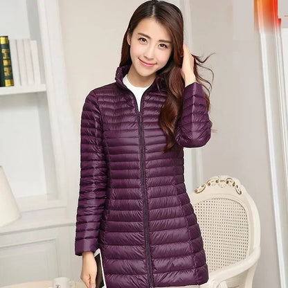 Autumn Winter Women White Duck Down Jacket Female ultra Light Slim Thin Zipper Warm Feather Long Down Coat Good Quality Parkas