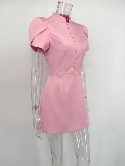 Trendix Button Patchwork Elegant Dress For Women Fashion Pleated Short Sleeve Short Dresses Femme Office Commuter A-Line Dress