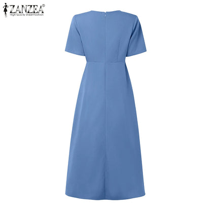 ZANZEA Elegant Office Work Dresses 2025 Women Summer Dress Square Neck Party Sundress Fashion Short Sleeve Pleated Vestidos Robe