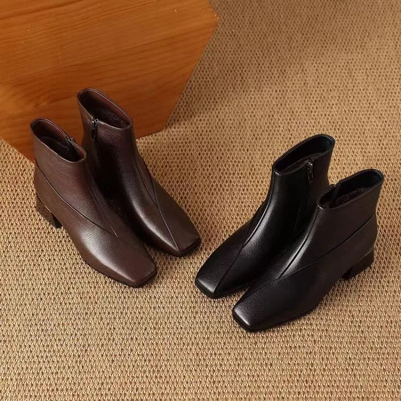 Women's Ankle Boots Genuine Leather Square Toe Chunky Block Heel Side Zipper Mid Calf Booties Fashion Casual Winter Shoes