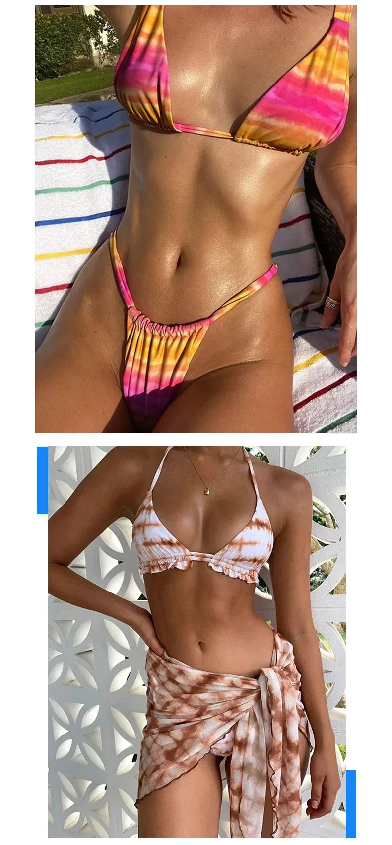 3 Piece Bikini Set Sexy Swimwear Swimsuit Women Triangle Leopard Rainbow Tie Dye Bikinis Set Bathing Suit Beach Skirt Cover Up