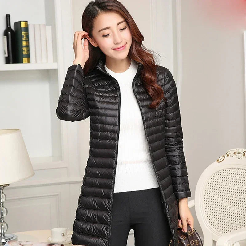 Autumn Winter Women White Duck Down Jacket Female ultra Light Slim Thin Zipper Warm Feather Long Down Coat Good Quality Parkas