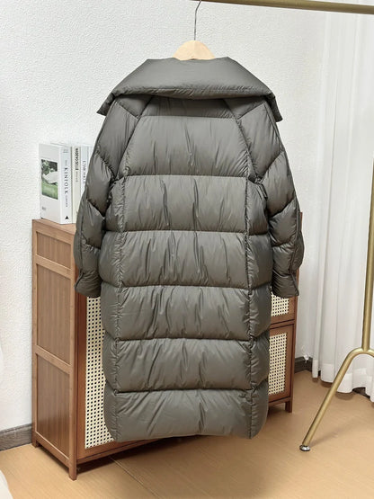 Schinteon Women White Duck Down Long Jacket Autumn Winter Warm Casual Over Size Loose Outwear Soft Comfortable Fashion Coat New