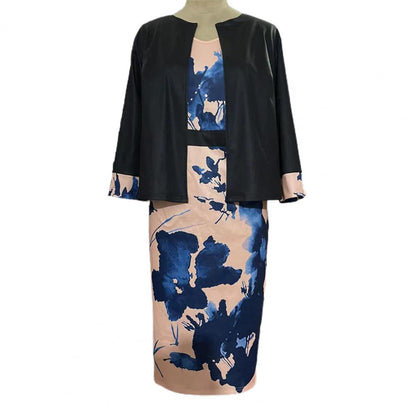 2 Pcs/Set Women Coat Dress Suits Set Floral Print Sheath Midi Dress Open Stitch Dress Suit Jacket Women Outfit Set