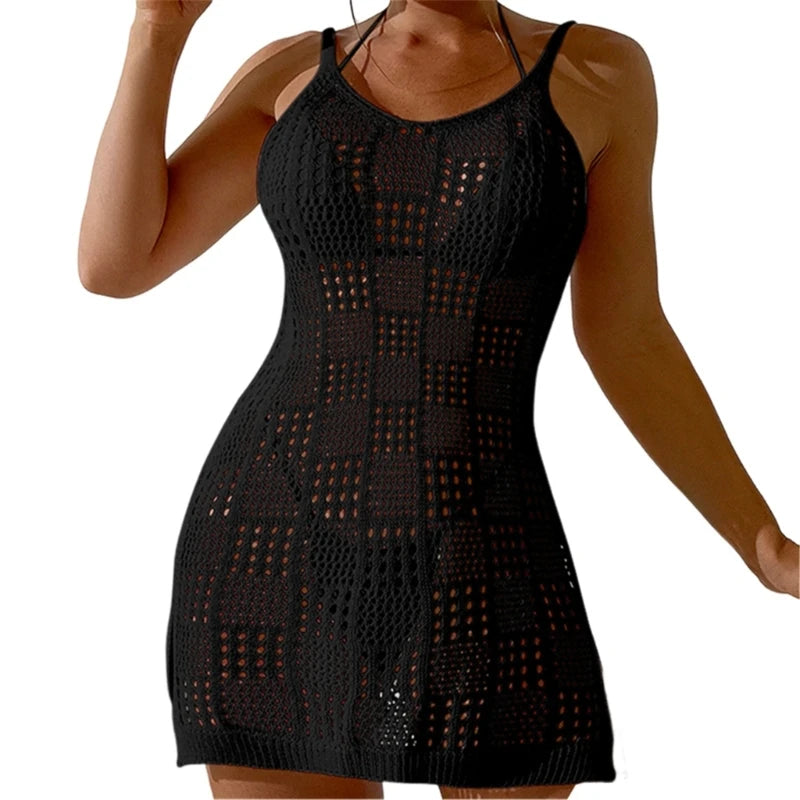 Women Sleeveless Beach Dress Crocheted Beach Cover Up Hollows Swimsuit Cover Up