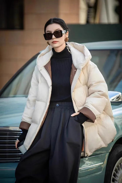 Schinteon Women Down Jacket Casual Loose Over Size Warm Autumn Winter Outwear White Duck Down with Hood Fashion Coat 2024 New