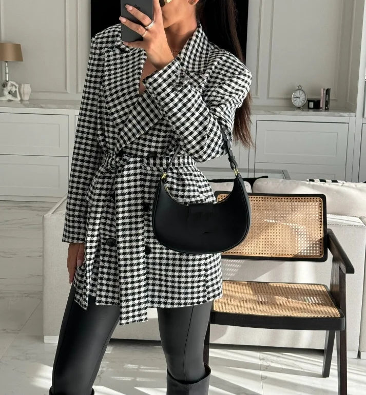 Women's Blazer Autumn Fashion Houndstooth Double-Breasted Lace-Up Elegant Temperament Notch Collar Long Sleeved Blazer