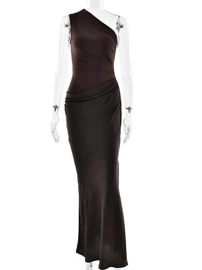 JULISSA MO Patchwork Satin Sexy One Shoulder Women Maxi Dress Brown Sleeveless Evening Dress Summer Slim Elegant Party Clubwear