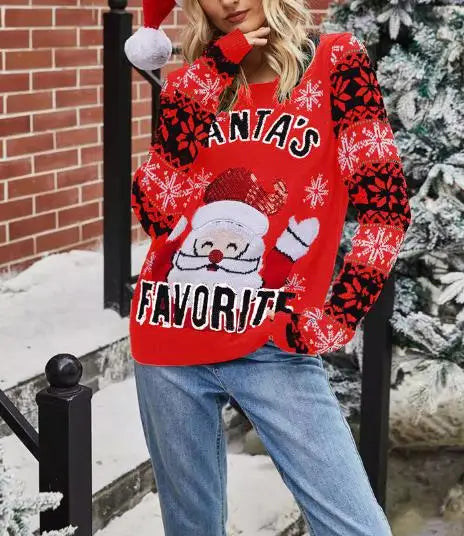 Women's Sweater Autumn New Santa Claus Embroidery Print Round Neck Long Sleeve Casual Knitwear Christmas Pullover Sweater