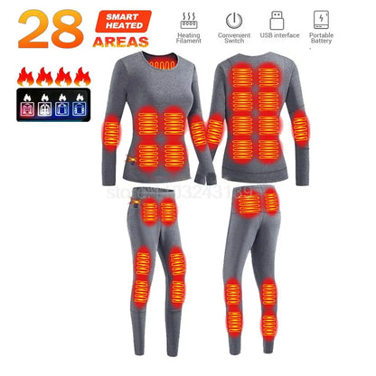 Winter Heated Thermal Underwear Men Heating Jacket Skiwear Heated Jacket Fleece Warm Top Pants USB Electric Heating Clothing