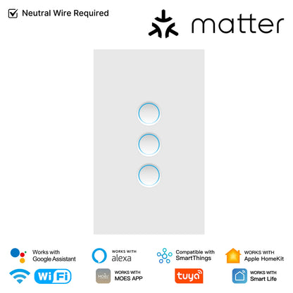 MOES Matter Tuya WiFi Smart Concave Glass Panel Light Switch Neutral Wire Required Compatible with Alexa Google Home SmartThings