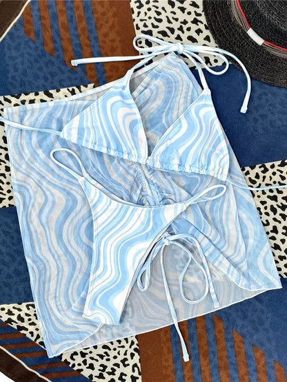 2025 New Sexy Striped Printed Three Pieces Bikini Sets Swimsuit For Women Swimwear Female Halter Strappy Bathing Suits Beachwear