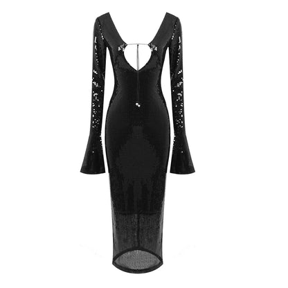 Elegant Deep V Sequin Long Sleeve Party Dress for Women Backless Lace Up Midi Dress Ankle Length Evening Dress Formal Gown Wear