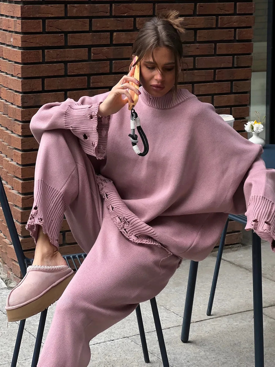 Bornladies Autumn Winter Women's New Turtleneck Knit Sweater Skinny Knit Pants Set Soft Oversized Ripped Hem Fashion Pullover