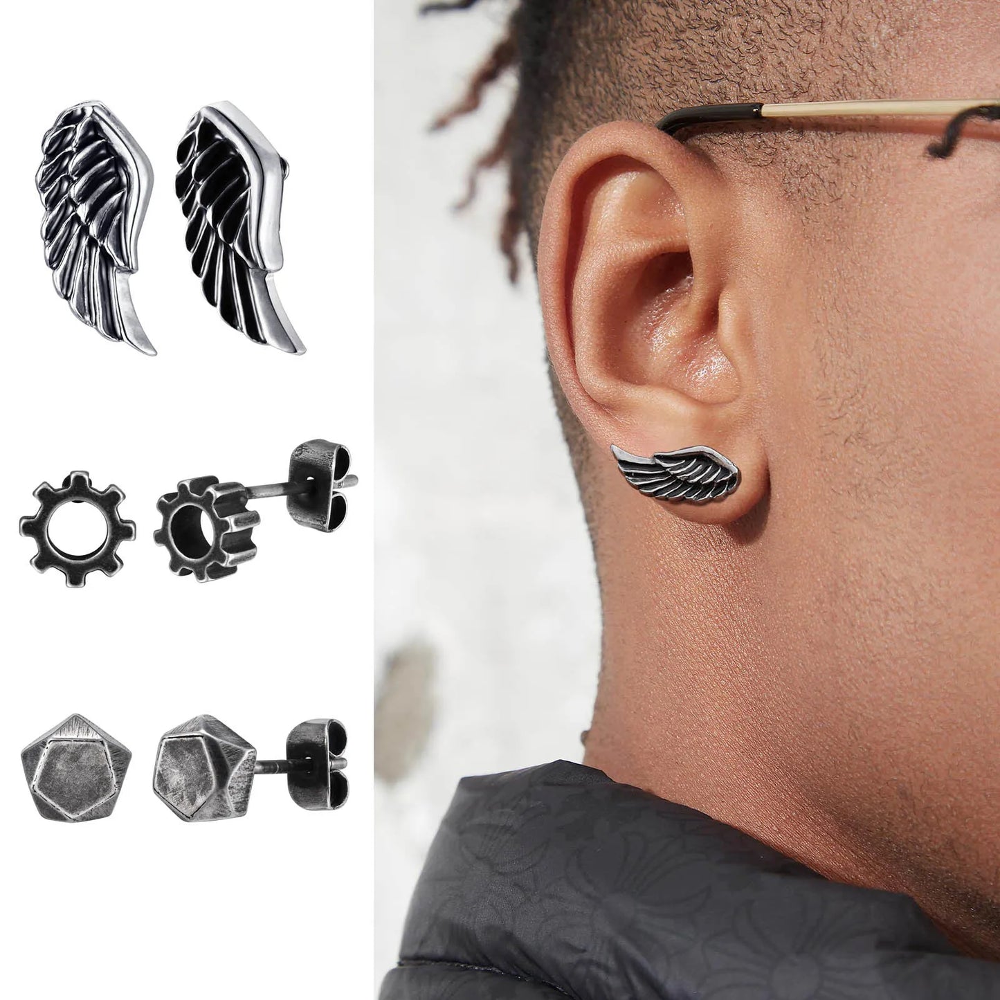Retro Grey Stud Earrings for Men Boys,Anti Allergy Stainless Steel Ear Studs,Rock Punk Jewelry Anniversary Birthday Gifts