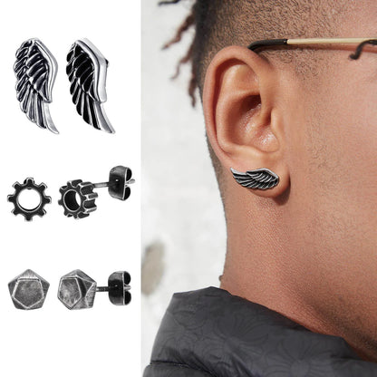 Retro Grey Stud Earrings for Men Boys,Anti Allergy Stainless Steel Ear Studs,Rock Punk Jewelry Anniversary Birthday Gifts