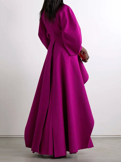 Yeezzi Elegant Solid Color Split-Joint Tiered Pleated Cocktail Dress Long Sleeves O-Neck Party Banquet Maxi Dresses 2025 New
