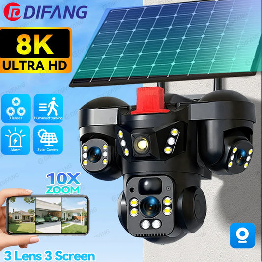 8K 15MP Three Screen 10X Zoom Wifi Surveillance Camera V380 Pro 4G Camera Solar Outdoor Waterproof Battery Security CCTV Solar