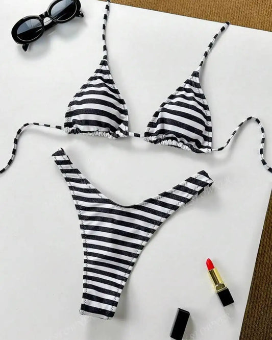 Y2K Sexy Hot Girls Striped Printed Triangle Lingerie Underwear 2025 New Beach Vacation Fashion Personality ins Style Bikini Suit