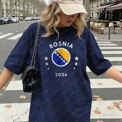 Bosnia 2026 Tee Bosnia Flag Football Soccer High Quality Cotton Shirt Vintage Classic Summer Breathable Clothes for Women Men