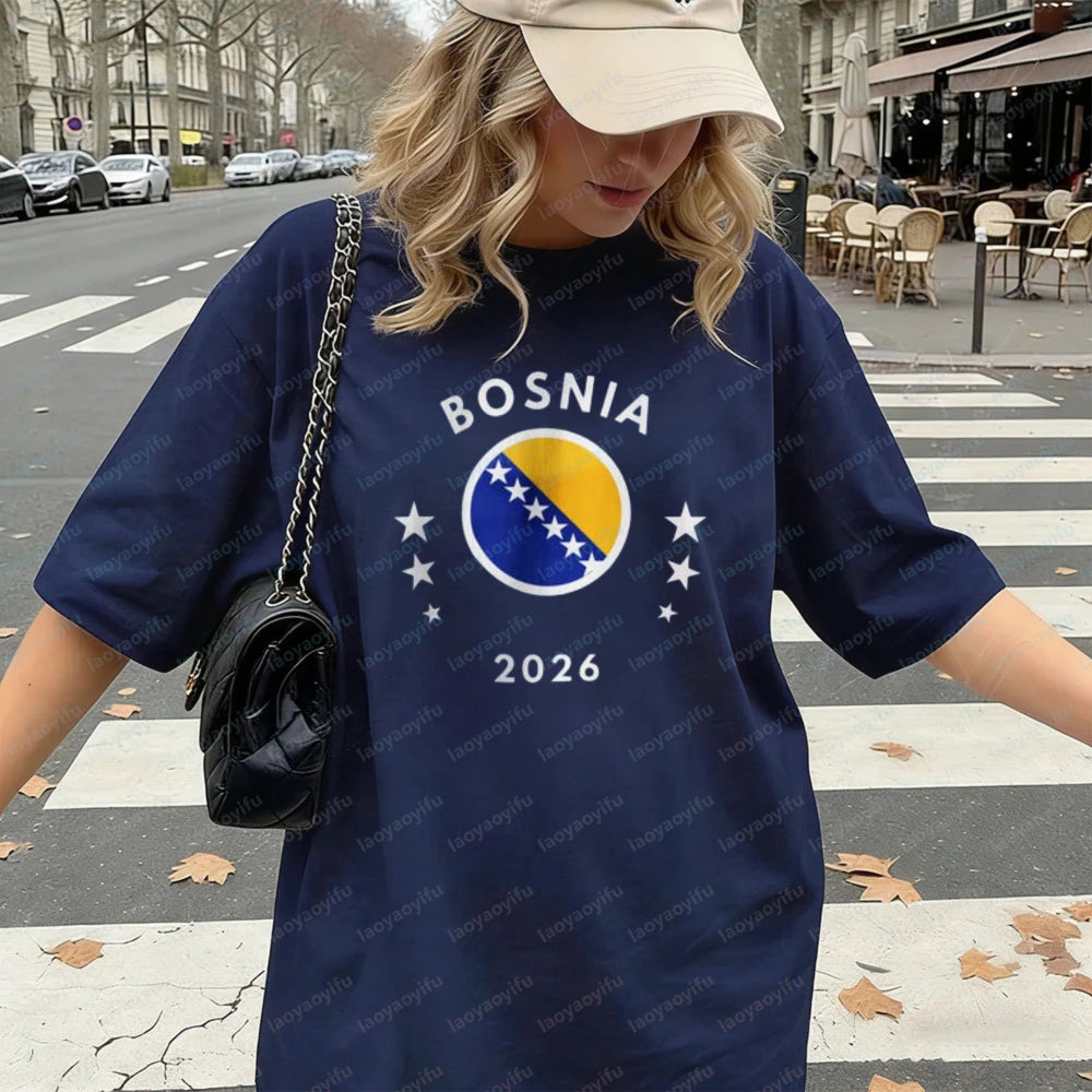 Bosnia 2026 Tee Bosnia Flag Football Soccer High Quality Cotton Shirt Vintage Classic Summer Breathable Clothes for Women Men