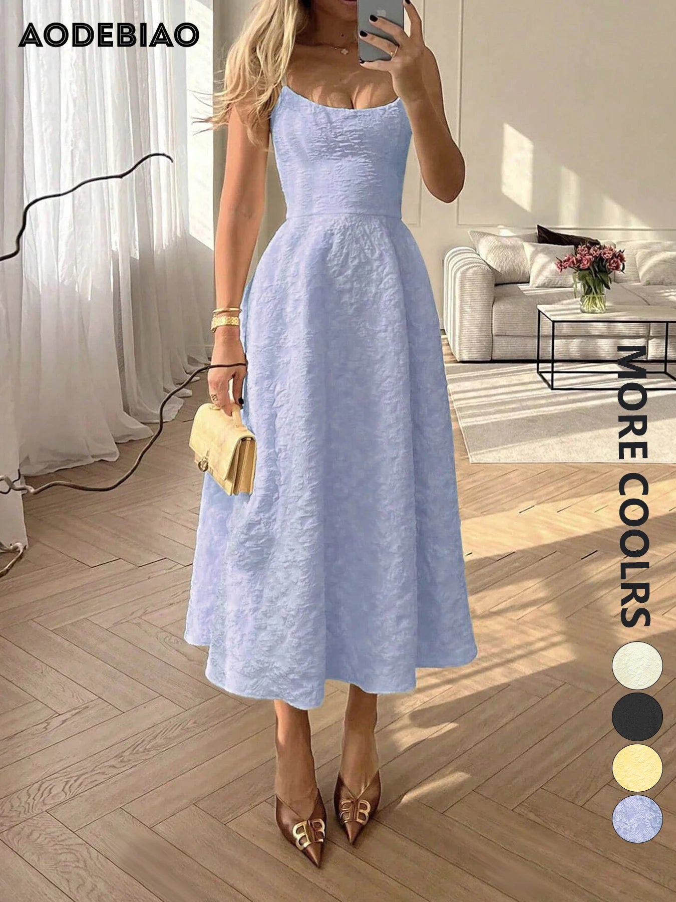 AODEBIAO Women Summer A-line Dress Sleeveless O-neck Solid Maxi Dresses Fashion Backless Casual Elegant Party Strap Dress Female