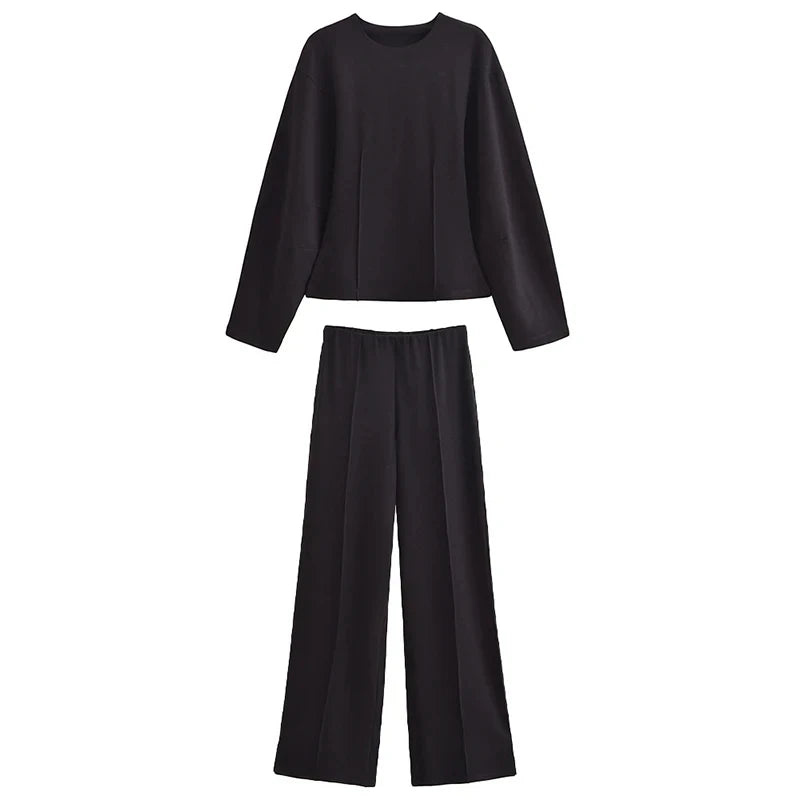 TRAFZA Women New Fashion Slimming 2-Piece Set Double-Sided Fabric O-Neck Long-Sleeve Top+Elegant Stretch Long Pants Female Suit