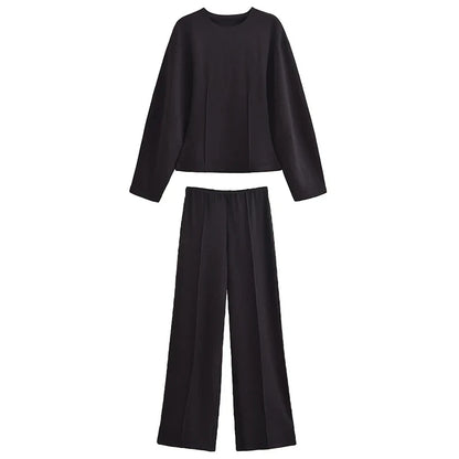 TRAFZA Women New Fashion Slimming 2-Piece Set Double-Sided Fabric O-Neck Long-Sleeve Top+Elegant Stretch Long Pants Female Suit