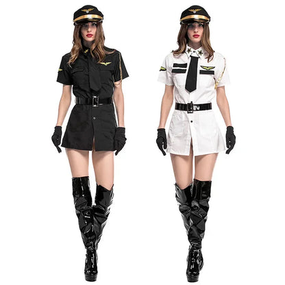 Black White Sexy Women Pilot Costumes Fancy Uniform Stewardess Cosplay Suit Carnival Masquerade Nightclub Role Play Dress