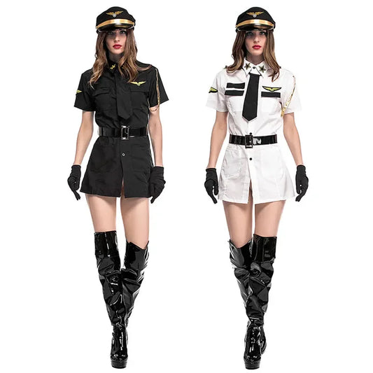 Black White Sexy Women Pilot Costumes Fancy Uniform Stewardess Cosplay Suit Carnival Masquerade Nightclub Role Play Dress