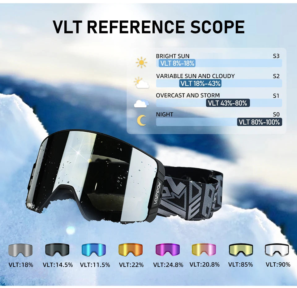 Vozapow Ski Goggles Magnetic Double Layer Anti Fog Professional Skiing Mask Men Women Super View Snowboard UV400 Snow Sunglasses