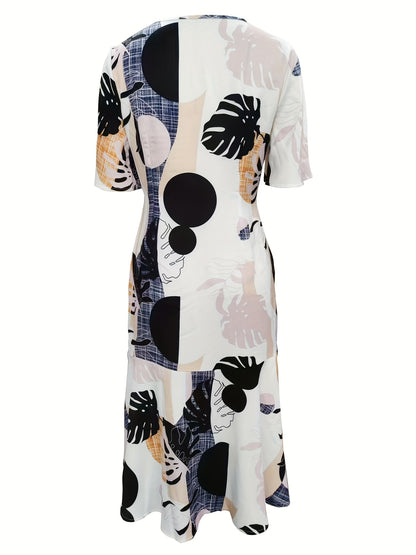 1pc Elegant Polyester Fitted Dress for Women, Spring Crew Neck Geometric Pattern, 100% Polyester Woven Fashion Dress