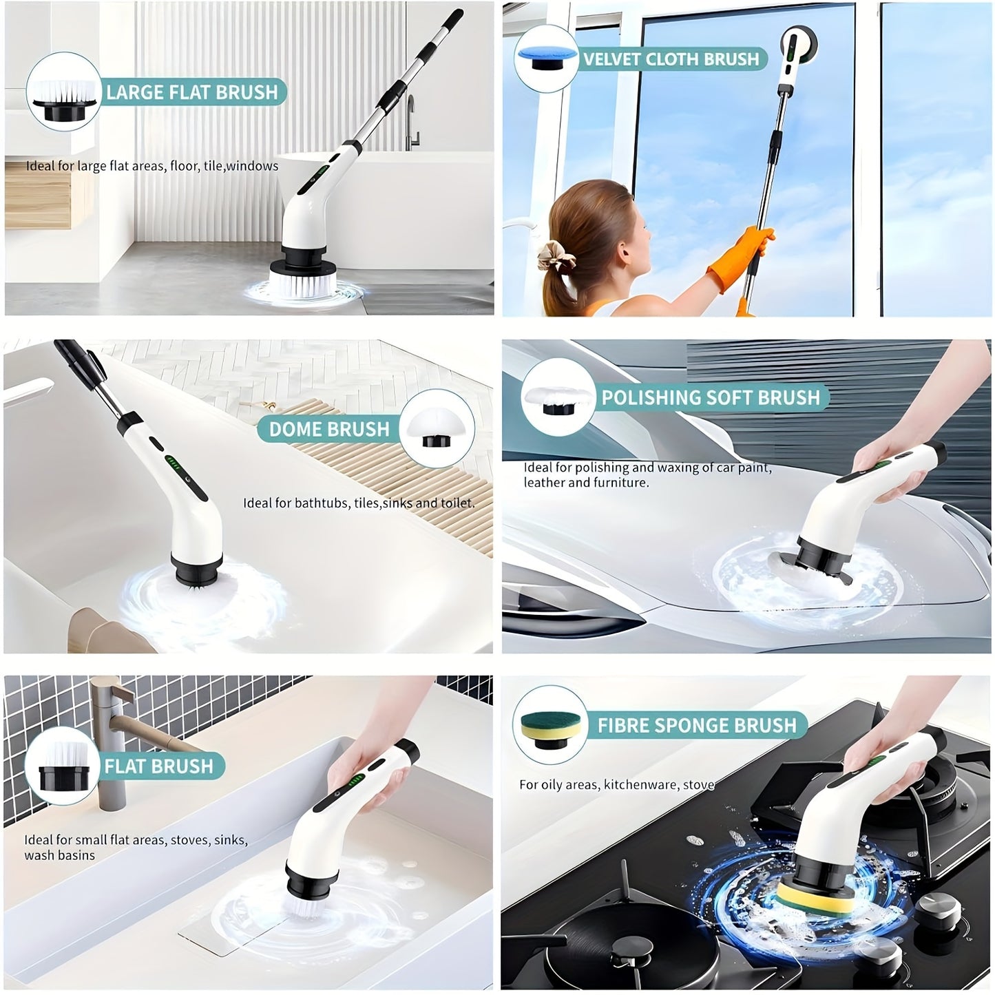 2025 Electric Rotary Scrubber, Rechargeable Cleaning Brush, Shower Scrubber with 9 Brush Heads, 2H Power Dual Speed, Adjustable Extended Handle, IPX7, for Tub Tile Floors Car, White Easter Gift
