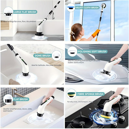 2025 Electric Rotary Scrubber, Rechargeable Cleaning Brush, Shower Scrubber with 9 Brush Heads, 2H Power Dual Speed, Adjustable Extended Handle, IPX7, for Tub Tile Floors Car, White Easter Gift