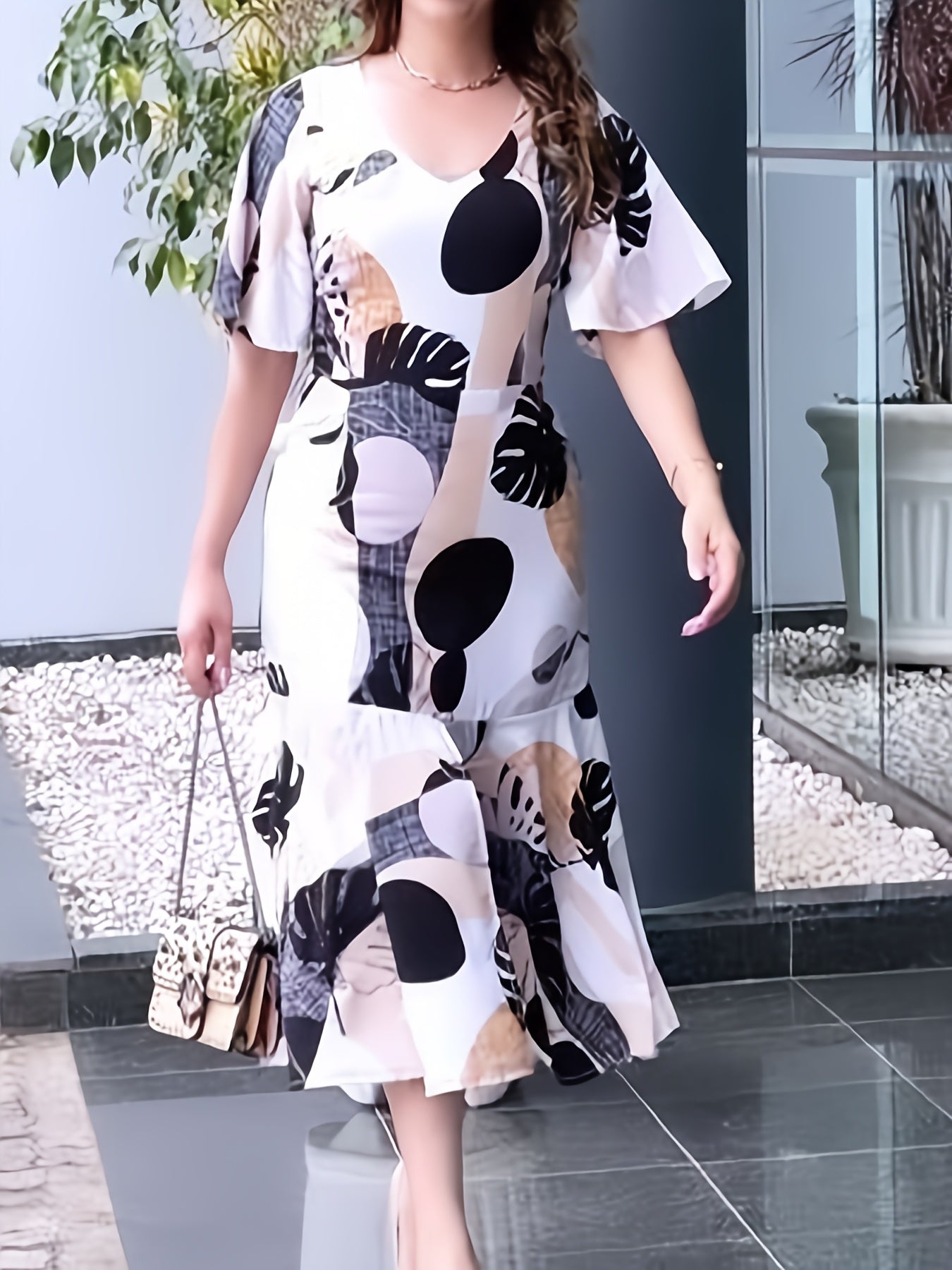 1pc Elegant Polyester Fitted Dress for Women, Spring Crew Neck Geometric Pattern, 100% Polyester Woven Fashion Dress