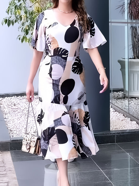 1pc Elegant Polyester Fitted Dress for Women, Spring Crew Neck Geometric Pattern, 100% Polyester Woven Fashion Dress