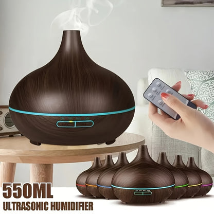 550ml Aromatherapy Essential Oil Diffuser Wood Grain Remote Control Ultrasonic Air Humidifier Cool 7 Color LED Light With 6 Oils