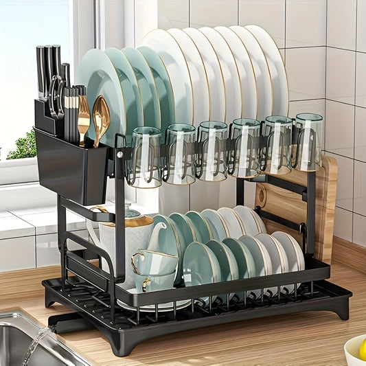 2-Tier Large Dish Drying Rack with Drainboard - Stainless Steel Space-Saving Kitchen Counter Organizer for Dishes, Knives, Cups, Cutting Boards - Black, Household Dish Drainer | Modern Kitchen Rack | Durable Metal Constructio