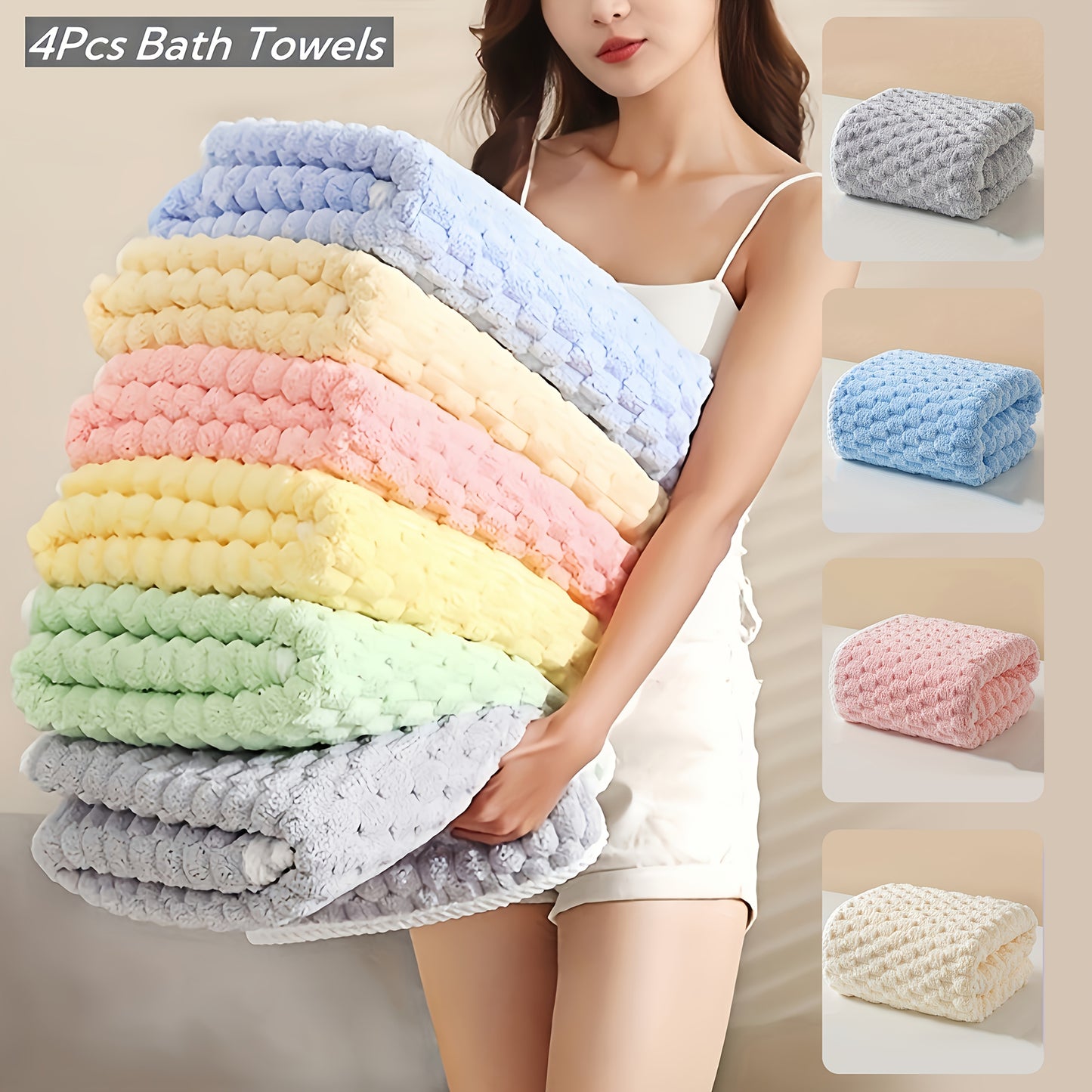 4 Pack Adult Microfiber Bath Towels, Super Absorbent Soft Waffle Bath Towels, Quick Dry Bath Towels For Daily Use, Spa, Gym And Travel, Wash Cloths