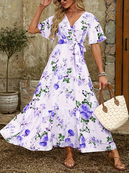 Women's Floral Print V-Neck Midi Dress with Adjustable Waist Belt - Sleeveless A-Line Long Dress for Spring Summer Fall, Machine Washable Elegant Casual to Formal Wear