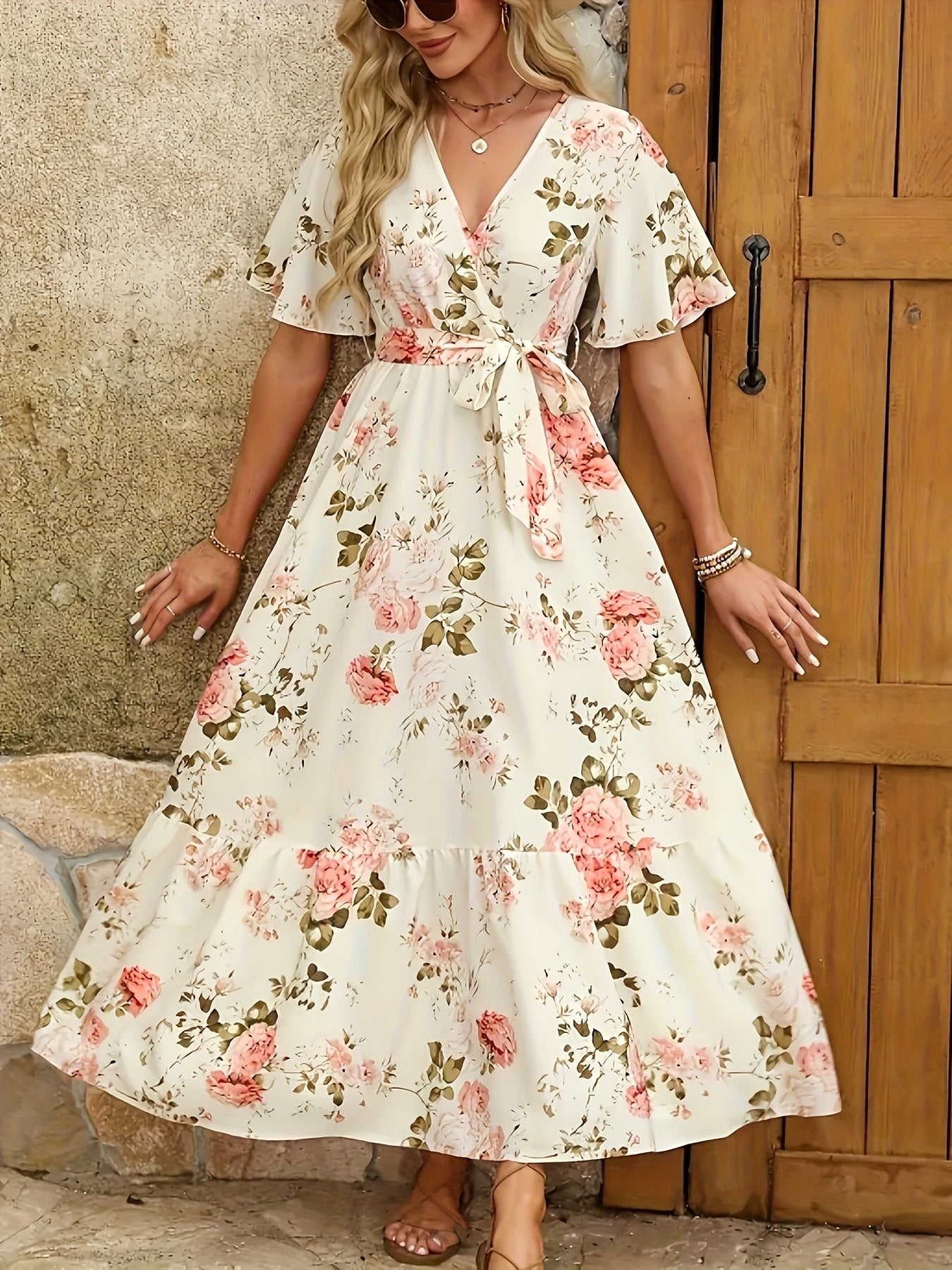 Women's Floral Print V-Neck Midi Dress with Adjustable Waist Belt - Sleeveless A-Line Long Dress for Spring Summer Fall, Machine Washable Elegant Casual to Formal Wear